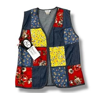 Samantha Edwards Patchwork Vest Denim Calico Floral Medium NWT Vintage